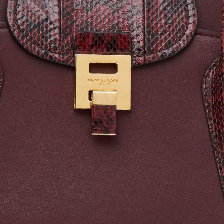 Pre Owned Michael Kors Burgundy Leather And Python Embossed Leather Bancroft Satchel