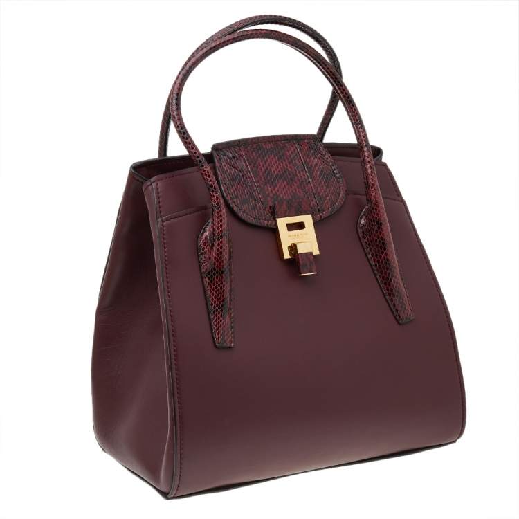 Pre Owned Michael Kors Burgundy Leather And Python Embossed Leather Bancroft Satchel
