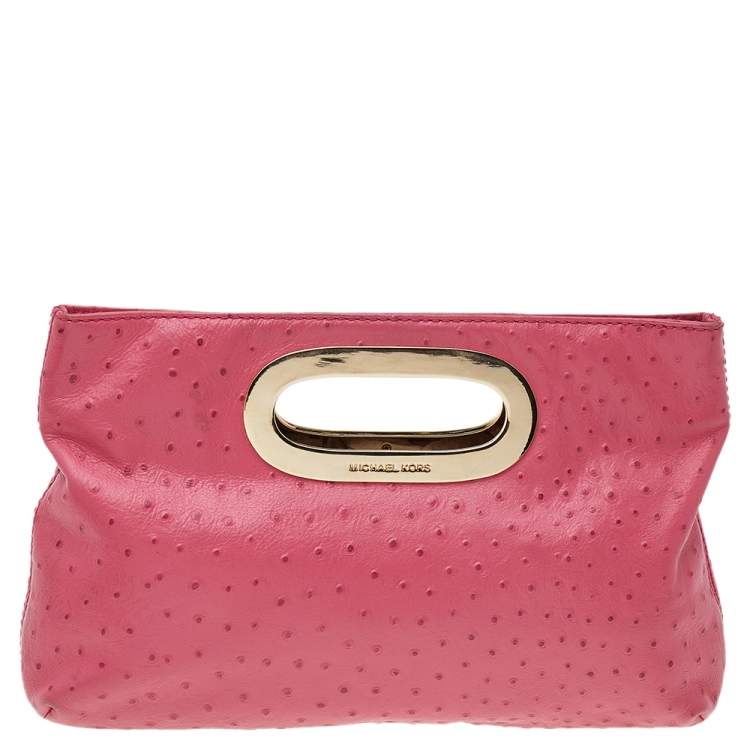 Pre Owned MICHAEL Michael Kors Pink Ostrich Embossed Leather Berkley Clutch