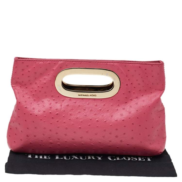Pre Owned MICHAEL Michael Kors Pink Ostrich Embossed Leather Berkley Clutch