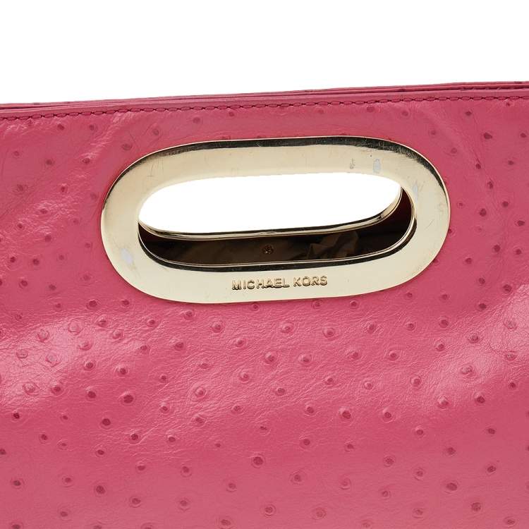 Pre Owned MICHAEL Michael Kors Pink Ostrich Embossed Leather Berkley Clutch