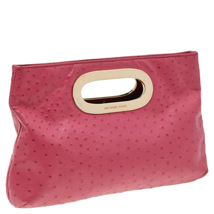 Pre Owned MICHAEL Michael Kors Pink Ostrich Embossed Leather Berkley Clutch