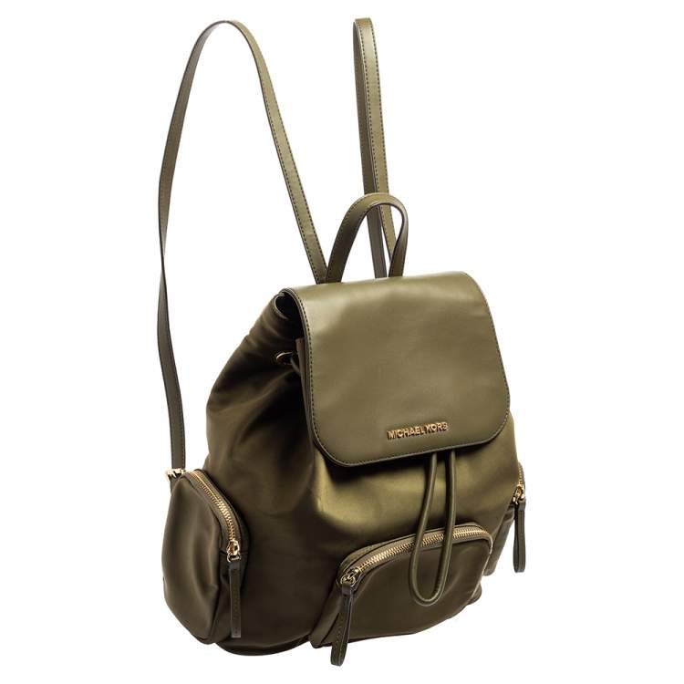Pre Owned Michael Kors Military Green Nylon and Leather Medium Cargo Abbey Backpack