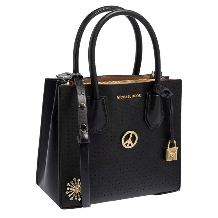 Pre Owned Michael Kors Black Perforated Leather Embellished Mini Mercer Tote
