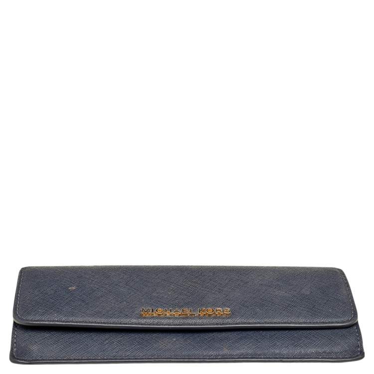 Pre Owned Michael Kors Navy Blue Saffiano Leather Jet Set Travel Flat Wallet