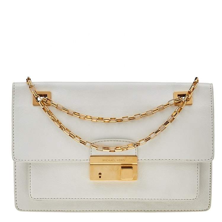 Michael Kors White Saffiano Leather Hannah Perforated Flap Shoulder Bag