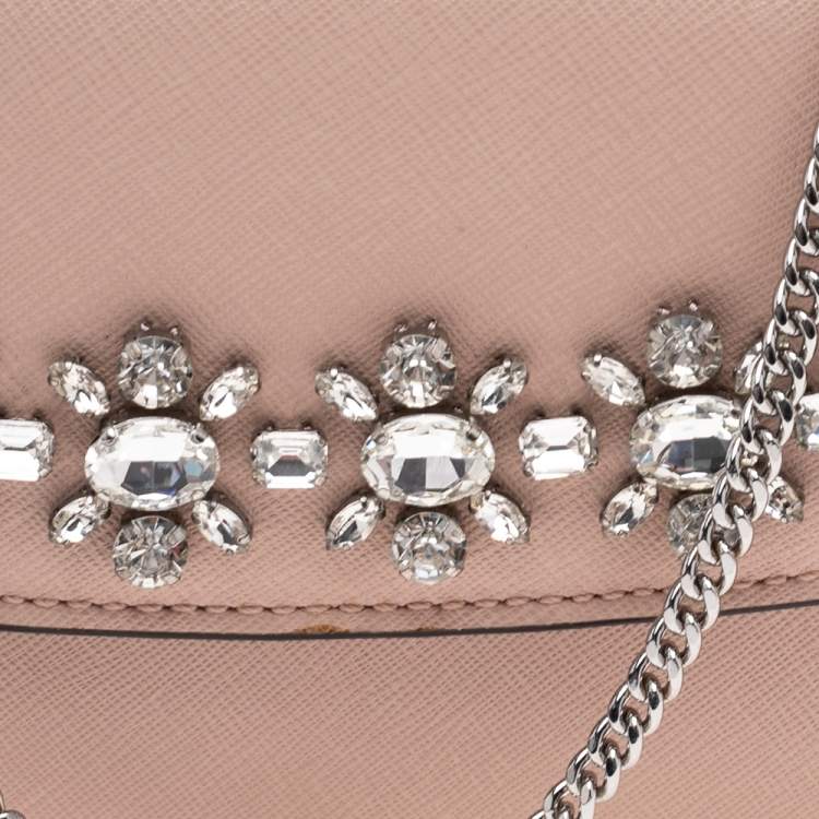 Pre Owned Michael Kors Pink Leather Crystal Embellished Ava Wallet On Chain