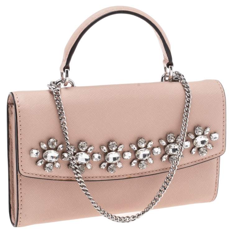 Pre Owned Michael Kors Pink Leather Crystal Embellished Ava Wallet On Chain
