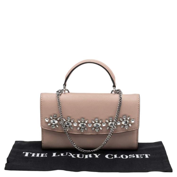 Pre Owned Michael Kors Pink Leather Crystal Embellished Ava Wallet On Chain