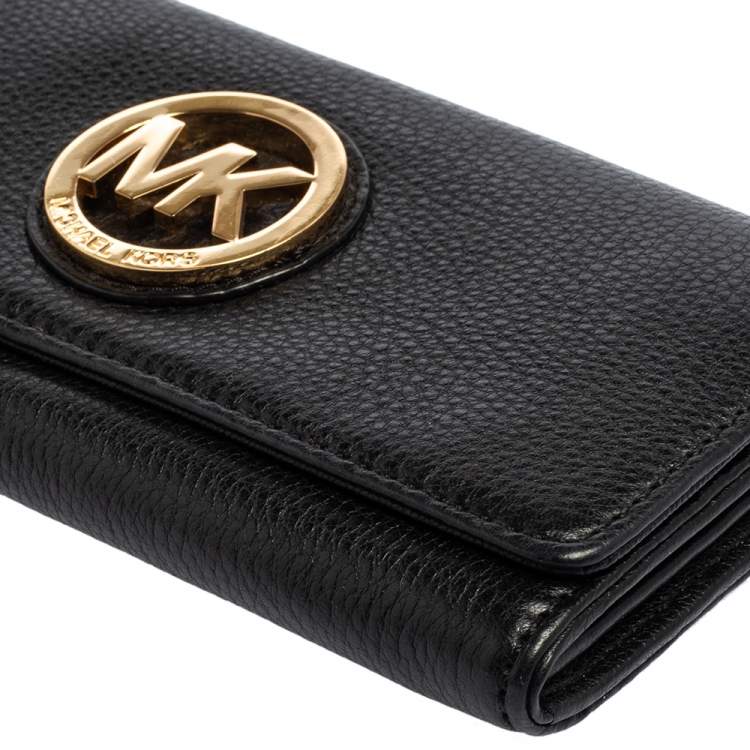 Pre Owned Michael Kors Black Grained Leather Fulton Flap Continental Wallet