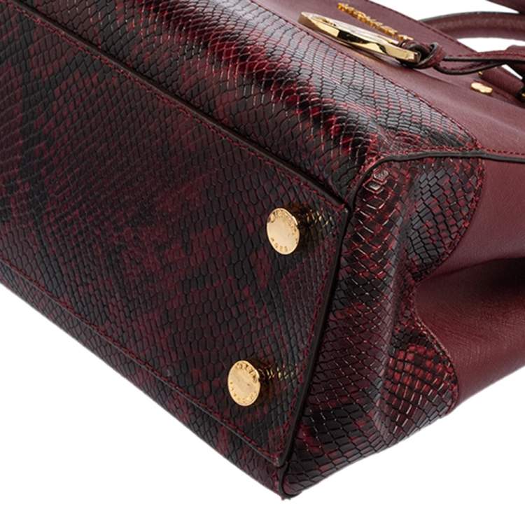 Pre Owned Michael Kors Black/Burgundy Leather and Snakeskin Embossed Leather Kellen Tote
