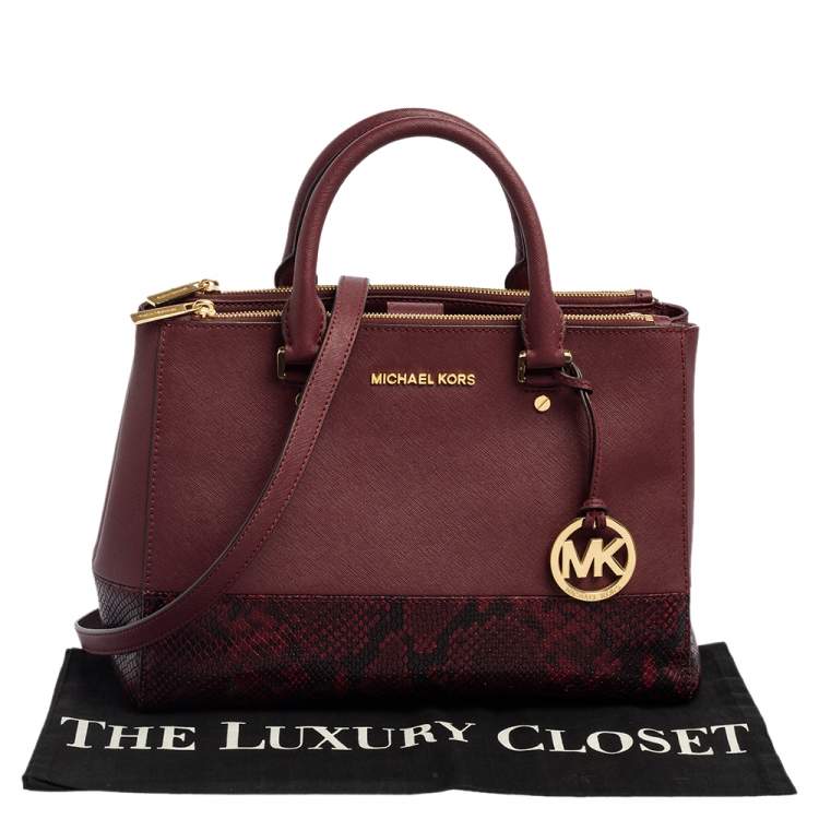 Pre Owned Michael Kors Black/Burgundy Leather and Snakeskin Embossed Leather Kellen Tote