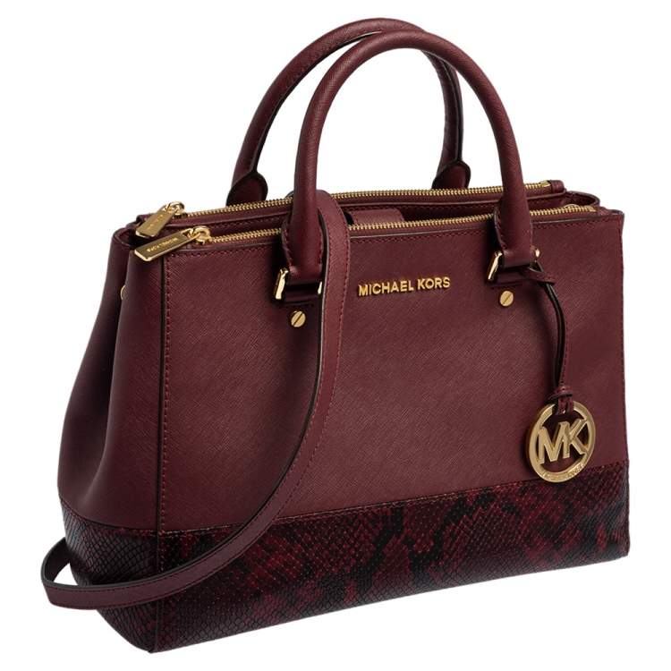 Pre Owned Michael Kors Black/Burgundy Leather and Snakeskin Embossed Leather Kellen Tote