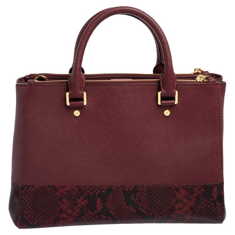 Pre Owned Michael Kors Black/Burgundy Leather and Snakeskin Embossed Leather Kellen Tote