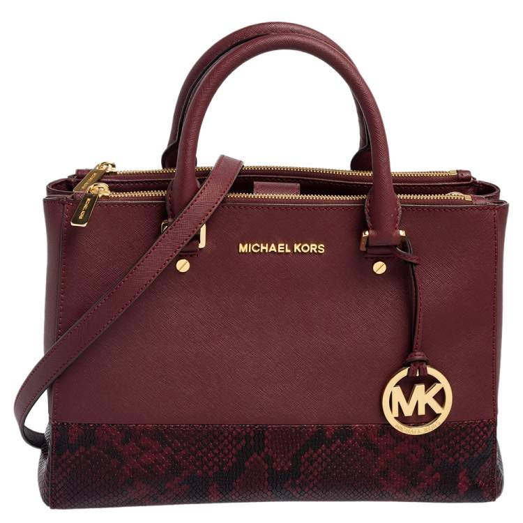 Pre Owned Michael Kors Black/Burgundy Leather and Snakeskin Embossed Leather Kellen Tote