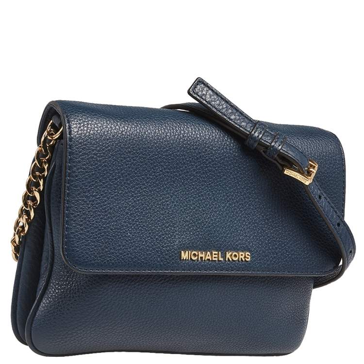 Pre Owned Michael Kors Blue Leather Jet Set Flap Crossbody Bag