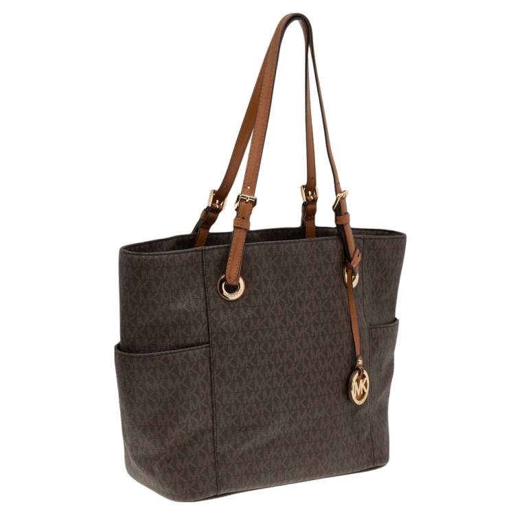 Michael Kors Brown Signature Coated Canvas And Leather Jet Set Tote ...