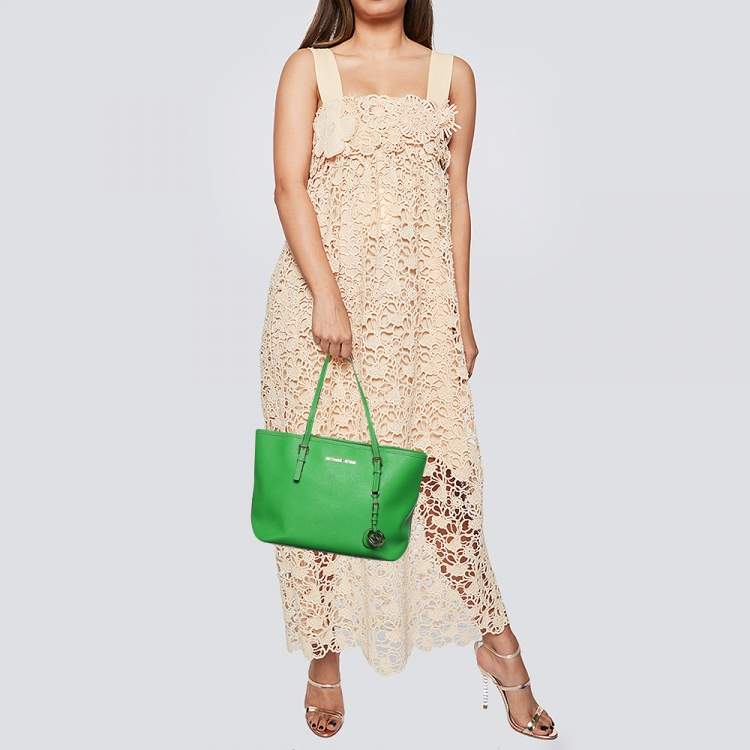 Pre Owned Michael Kors Green Leather Small Jet Set Travel Tote