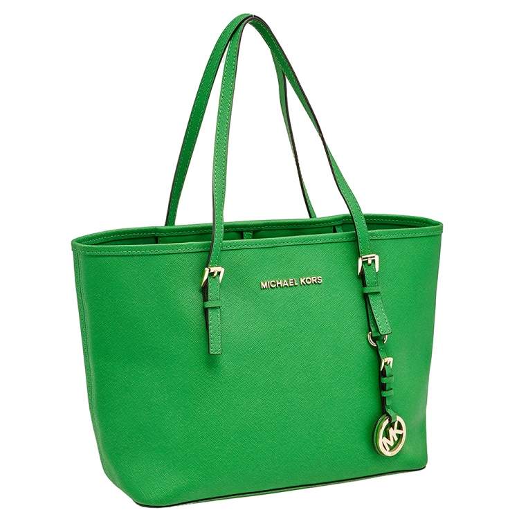 Pre Owned Michael Kors Green Leather Small Jet Set Travel Tote