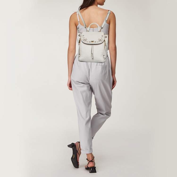 Pre Owned Michael Kors White Leather Floral Embellished Backpack