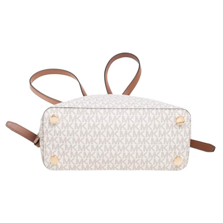 Pre Owned MICHAEL Michael Kors White/Tan Signature Canvas And Leather Emmy Backpack