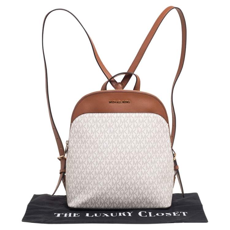 Pre Owned MICHAEL Michael Kors White/Tan Signature Canvas And Leather Emmy Backpack