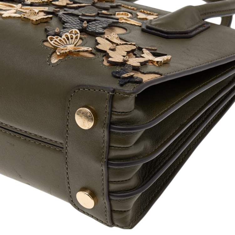 Pre Owned Michael Kors Green Butterfly Embellished Leather Small Mercer Tote