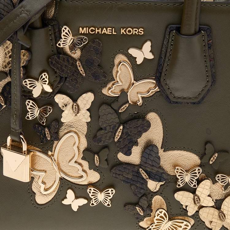 Pre Owned Michael Kors Green Butterfly Embellished Leather Small Mercer Tote