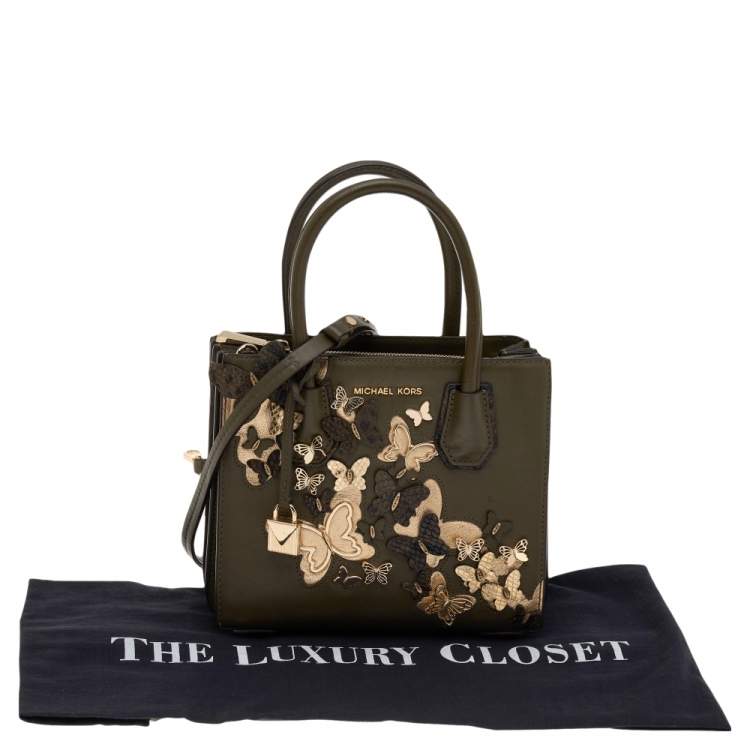 Pre Owned Michael Kors Green Butterfly Embellished Leather Small Mercer Tote