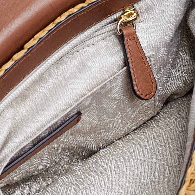 Pre Owned Michael Kors Beige/Brown Woven Straw And Leather Medium Naomi Shoulder Bag