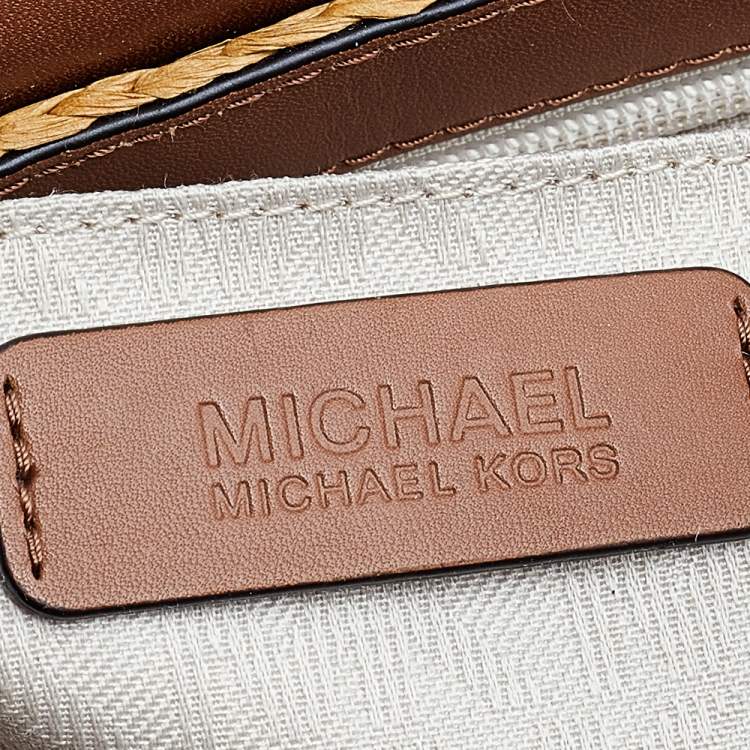 Pre Owned Michael Kors Beige/Brown Woven Straw And Leather Medium Naomi Shoulder Bag