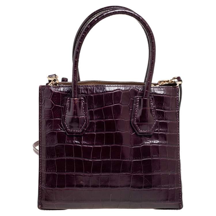 Pre Owned Michael Kors Burgundy Croc Embossed Leather Mini Mercer Tote