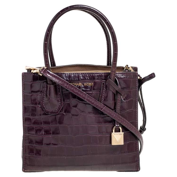 Pre Owned Michael Kors Burgundy Croc Embossed Leather Mini Mercer Tote