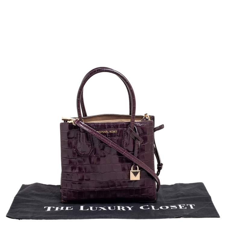 Pre Owned Michael Kors Burgundy Croc Embossed Leather Mini Mercer Tote