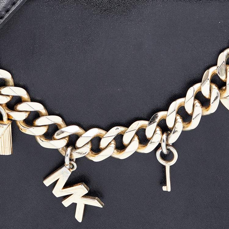 Pre Owned Michael Kors Black Leather Mott Logo Charm Swag Shoulder Bag