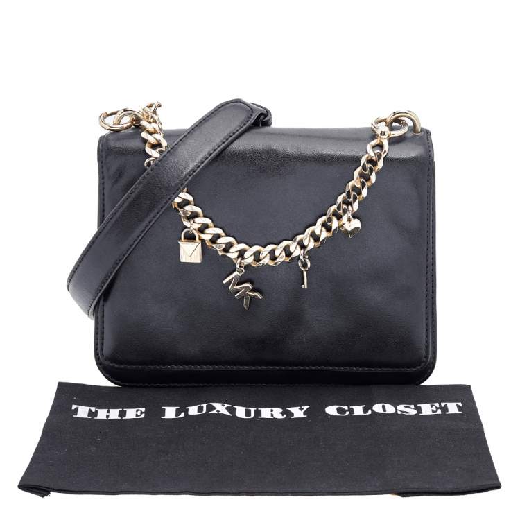 Pre Owned Michael Kors Black Leather Mott Logo Charm Swag Shoulder Bag