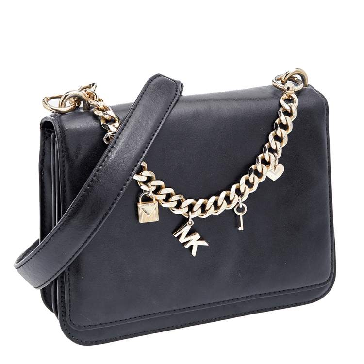 Pre Owned Michael Kors Black Leather Mott Logo Charm Swag Shoulder Bag