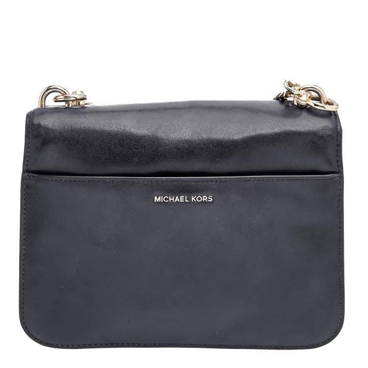 Pre Owned Michael Kors Black Leather Mott Logo Charm Swag Shoulder Bag