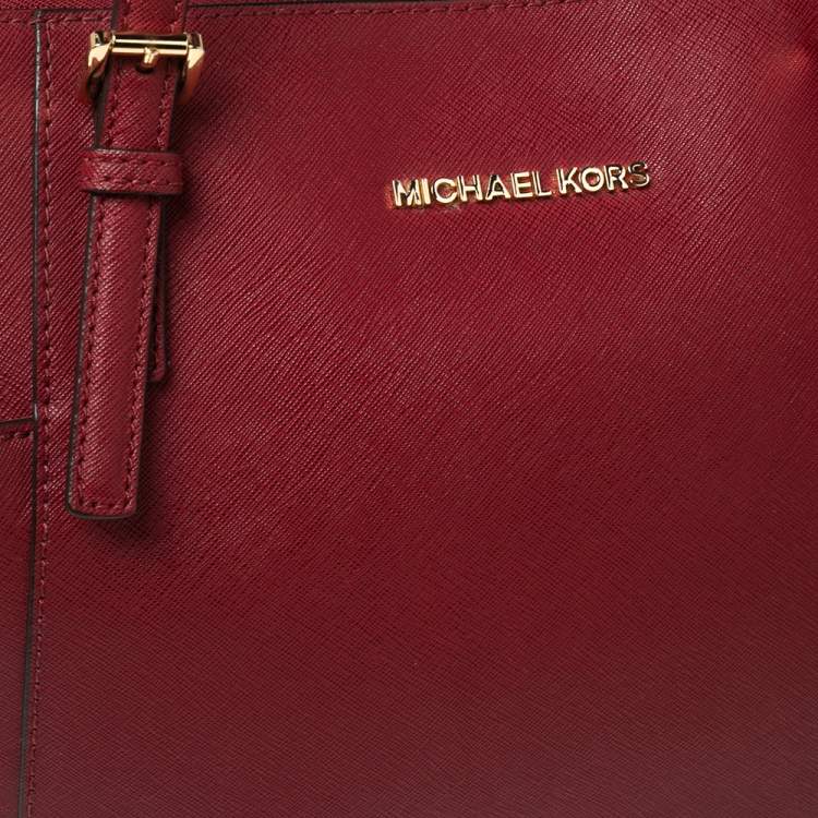 Pre Owned MICHAEL Michael Kors Red Leather Medium Jet Set Top Zip Tote