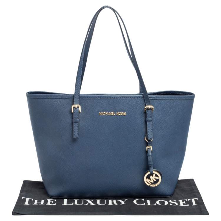 Pre Owned Michael Kors Navy Blue Leather Small Jet Set Travel Tote