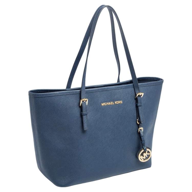 Pre Owned Michael Kors Navy Blue Leather Small Jet Set Travel Tote