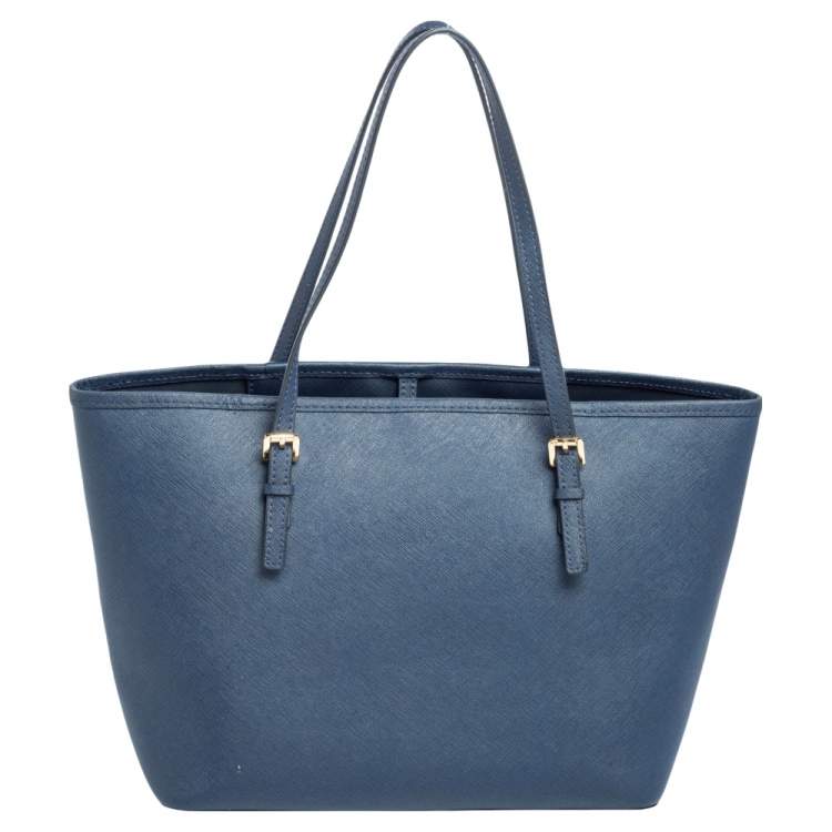 Pre Owned Michael Kors Navy Blue Leather Small Jet Set Travel Tote