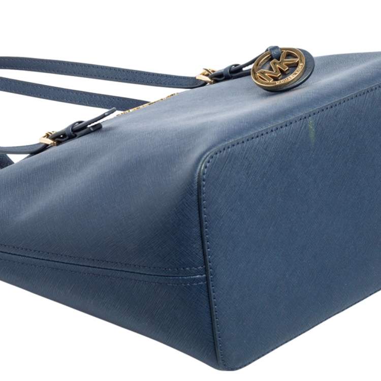 Pre Owned Michael Kors Navy Blue Leather Small Jet Set Travel Tote
