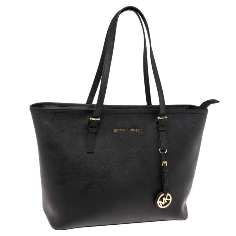 Pre Owned Michael Kors Black Saffiano Leather Jet Set Travel Tote