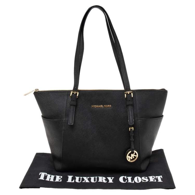 مملوكة مسبقًا MICHAEL Michael Kors Black Saffiano Leather Medium Jet Set Top Zip Tote