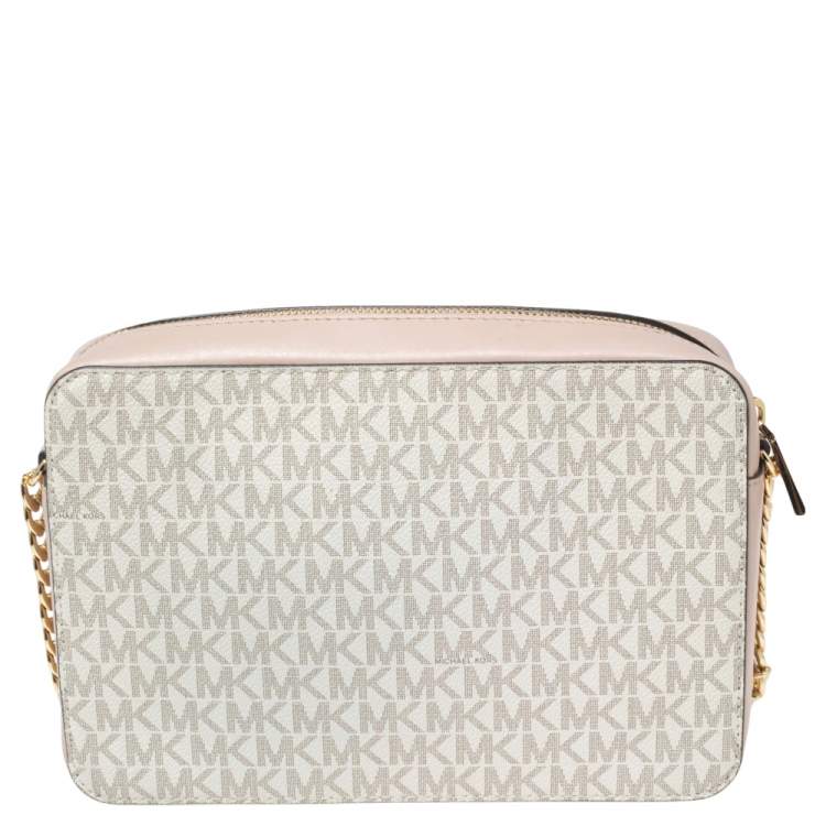 Pre Owned Michael Kors Light Pink/White Signature Coated Canvas and Leather Ginny Shoulder Bag