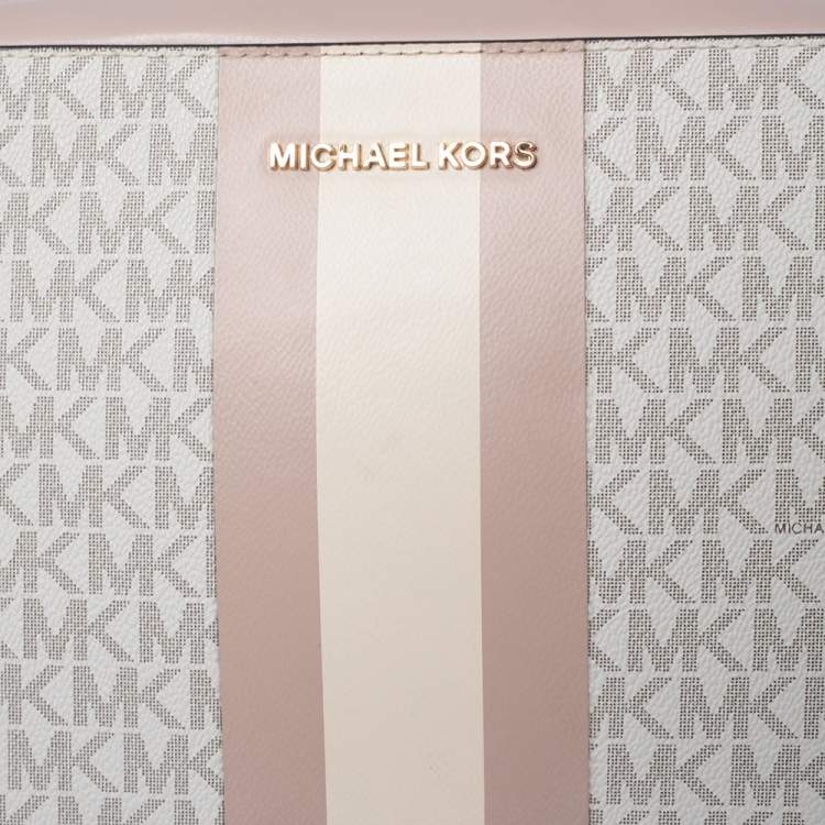 Pre Owned Michael Kors Light Pink/White Signature Coated Canvas and Leather Ginny Shoulder Bag