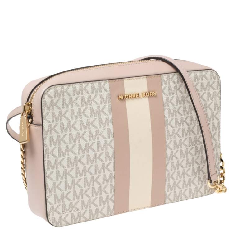 Pre Owned Michael Kors Light Pink/White Signature Coated Canvas and Leather Ginny Shoulder Bag