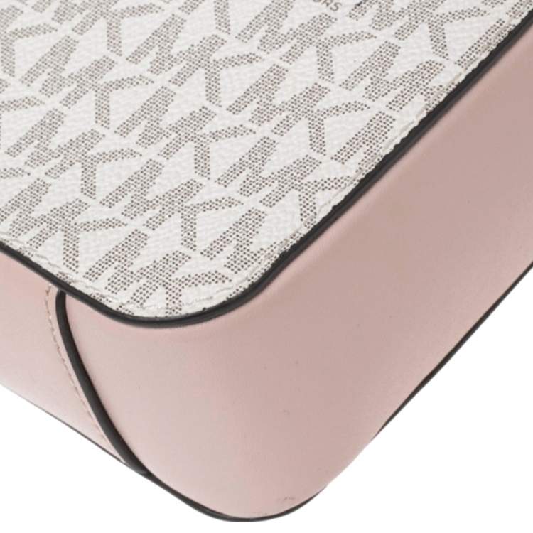 Pre Owned Michael Kors Light Pink/White Signature Coated Canvas and Leather Ginny Shoulder Bag