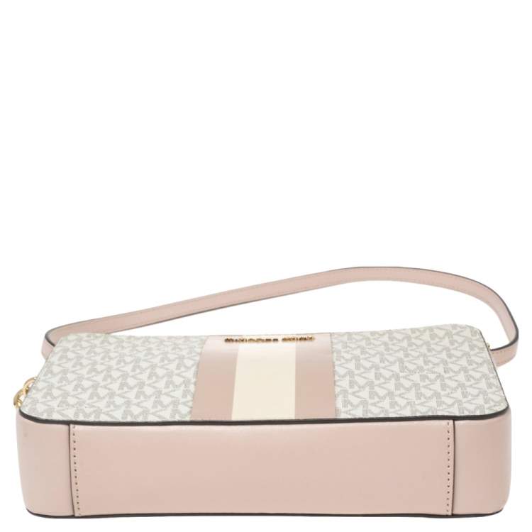 Pre Owned Michael Kors Light Pink/White Signature Coated Canvas and Leather Ginny Shoulder Bag